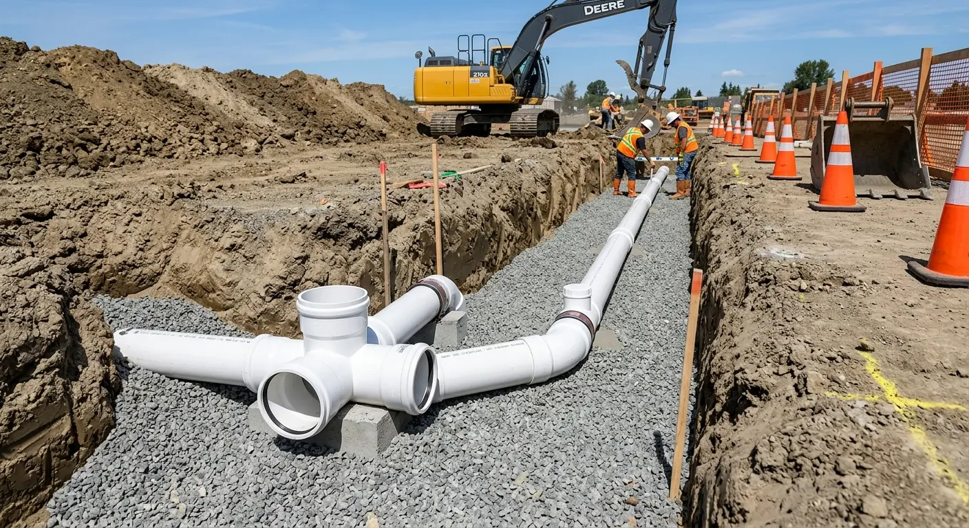 New PVC sewer pipe installation in open trench for Sewer Backup in Holden
