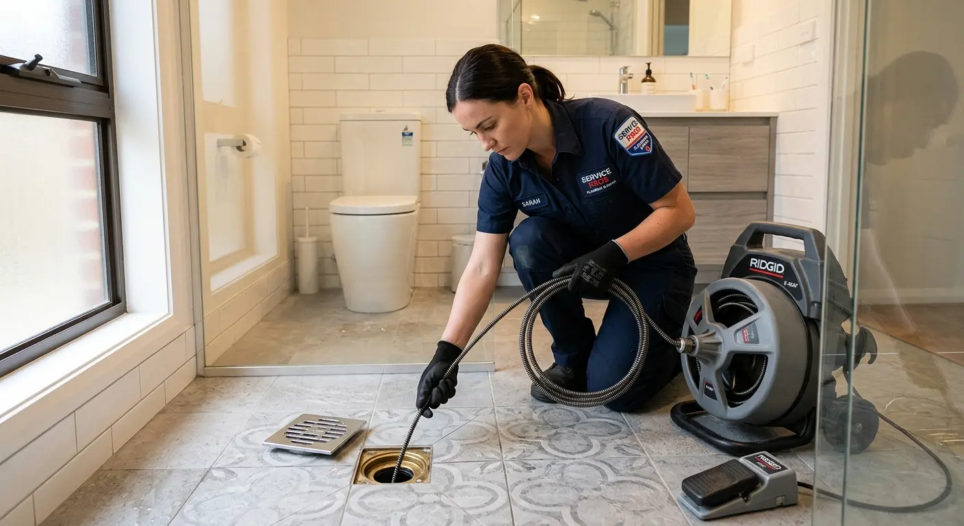 Technician clearing a bathroom floor drain for Sewer Line Replacement in Holden